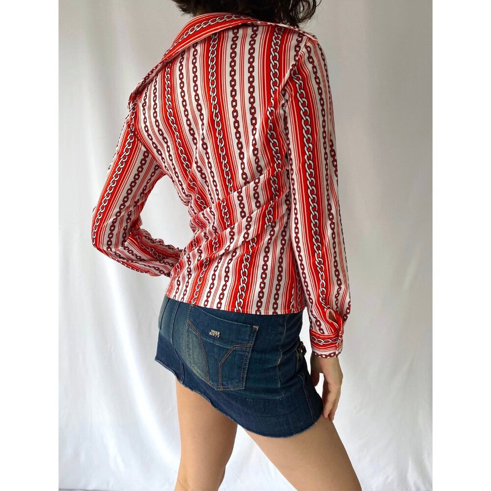 70s vintage red chain striped novelty print collared button up blouse shirt - Picture 6 of 9